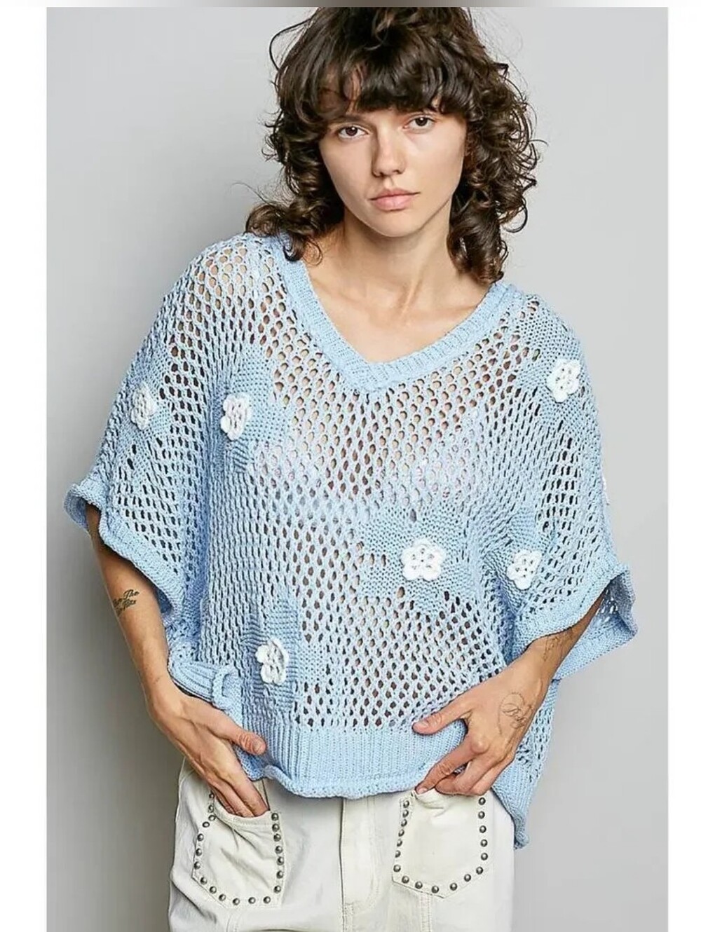 POL"Bloomin Filly" Floral Patch Open Sweater Top Sky Blue Sz S - Picture 10 of 10